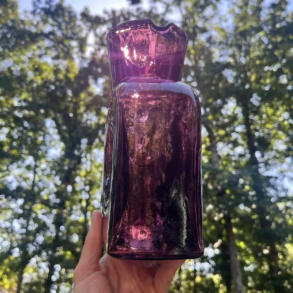 Blenko #384 Amethyst Double Spout Water Bottle Hand Blown MCM Glass 2001 Signed